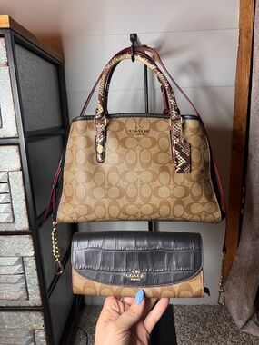 Coach Margo Signature Satchel with Burgundy Trim and Black Wallet Accent